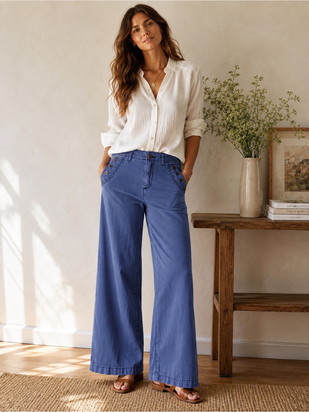 Anthropologie Pilcro Letterpress Blue Wide Leg Chino Pants Button Pocket 28